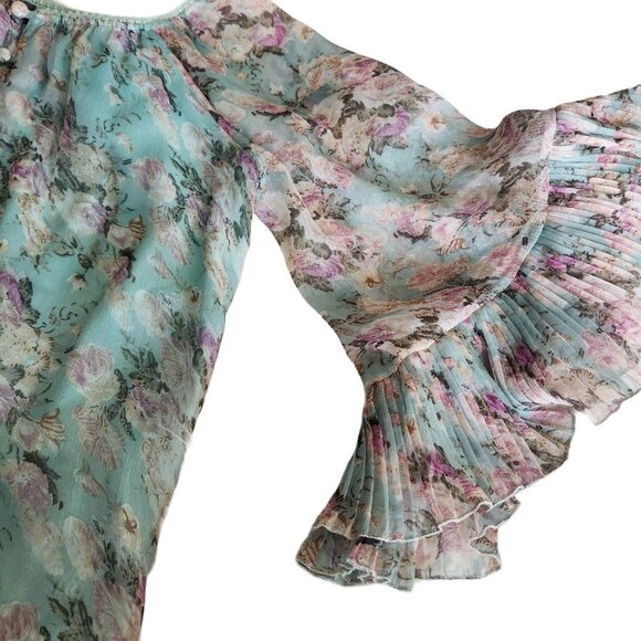 Floral Sheer Bell Sleeve Pleated Blouse Rose Pastel fairy‎ Small Romantic - Picture 12 of 16